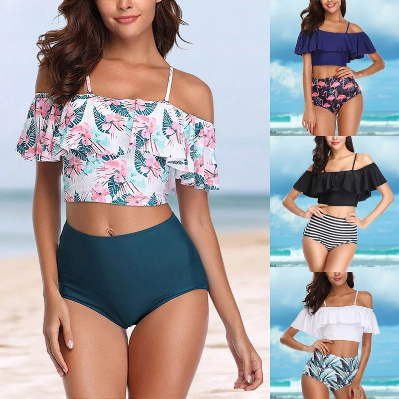 2019 Ruffle Swimsuit Swimwear Women Sexy Bikinis Floral Printed Striped Bottom Bikini Set Vintage Bathing Suit Halter Bikini 2019 Ruffle Swimsuit Swimwear Women Sexy Bikinis Floral Printed Striped Bottom Bikini Set Vintage Bathing Suit Halter Bikini