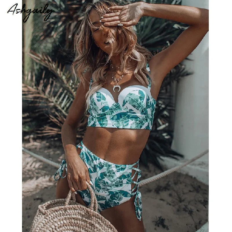 High Waist Swimwear Women Swimsuit Bikini Bandage Bikinis Set Padded Bathing Suit New Leaf Print Biquini Maillot de bain High Waist Swimwear Women Swimsuit Bikini Bandage Bikinis Set Padded Bathing Suit New Leaf Print Biquini Maillot de bain