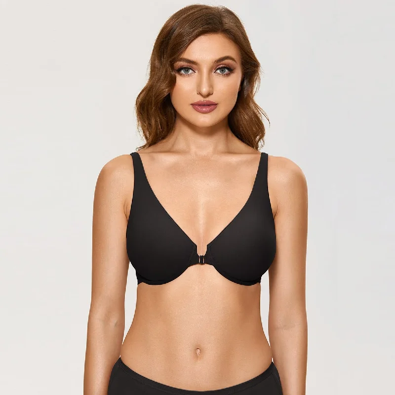 Front Closure Underwire Unlined Plunge Comfort Black Full Figure Bra