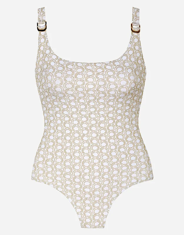 Indira Round Neck Swimsuit - White and Gold