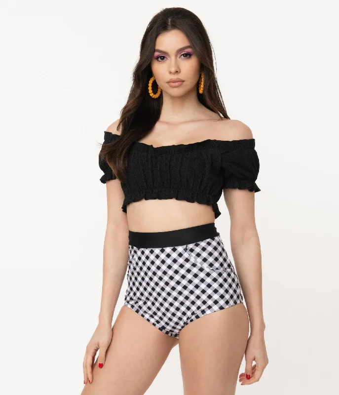 Unique Vintage Mrs. Cooper Black & White Gingham Sailor Swim Shorts