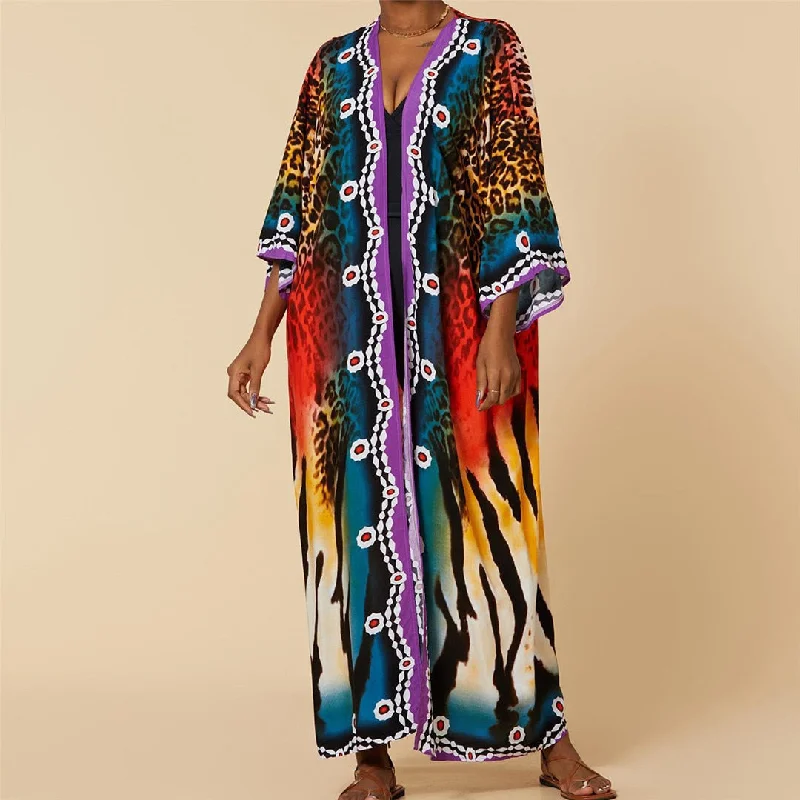 Colorful Leopard Belted Long Beach Cover Up Tunic