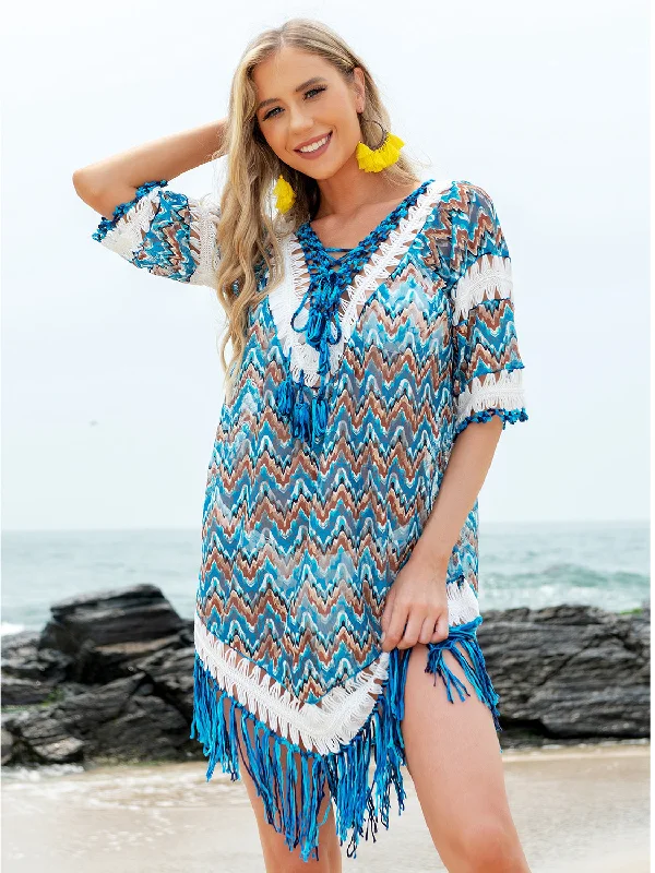 Sunset Vacation Fringe V-Neck Half Sleeve Cover-Up