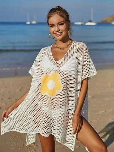 Sunset Vacation  Openwork Flower V-Neck Short Sleeve Cover Up