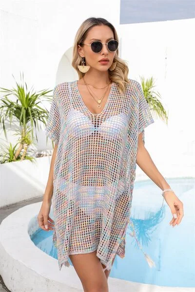 Sunset Vacation  Openwork Slit V-Neck Cover Up