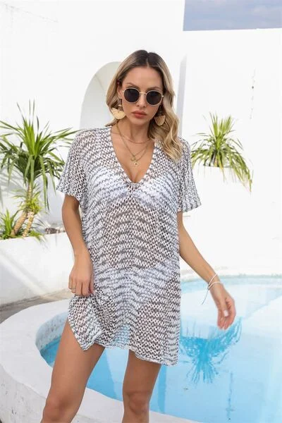 Sunset Vacation  Openwork V-Neck Short Sleeve Cover Up