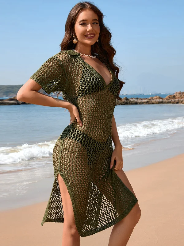 Sunset Vacation  Slit Openwork Johnny Collar Short Sleeve Cover-Up