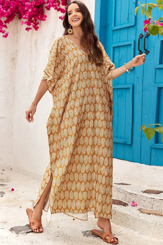Sunset Vacation  Slit Printed V-Neck Half Sleeve Cover Up