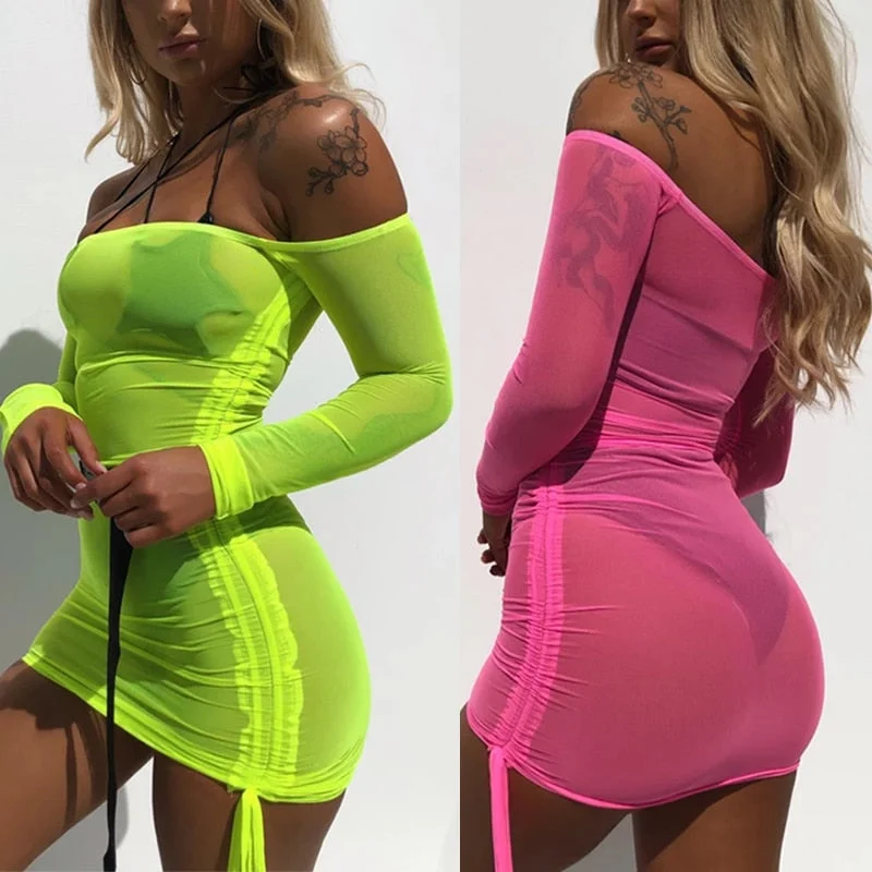 Stolen Hearts Mesh Neon Bodycon Beach Cover Up Dress