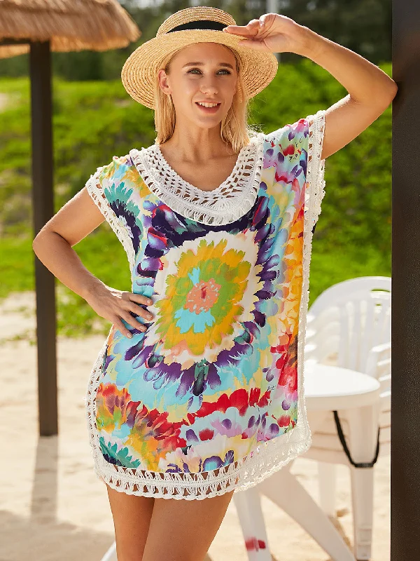 Sunset and Swim  Openwork Printed Round Neck Beach Cover Up