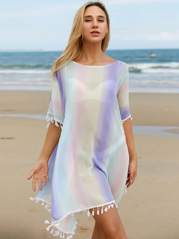 Sunset and Swim  Tassel Boat Neck Half Sleeve Beach Cover Up