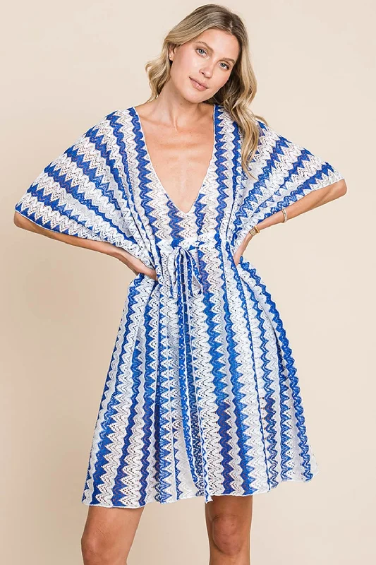 Sunset Vacation  Cotton Bleu by Nu Lab Tied Striped Plunge Half Sleeve Beach Cover Up