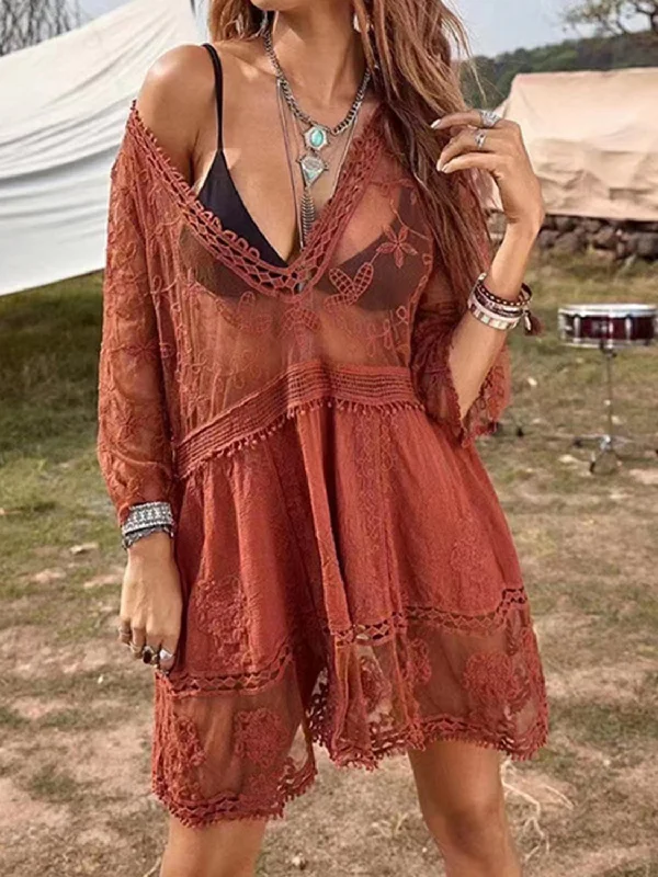 Sunset Vacation  Lace Detail Plunge Cover-Up Dress