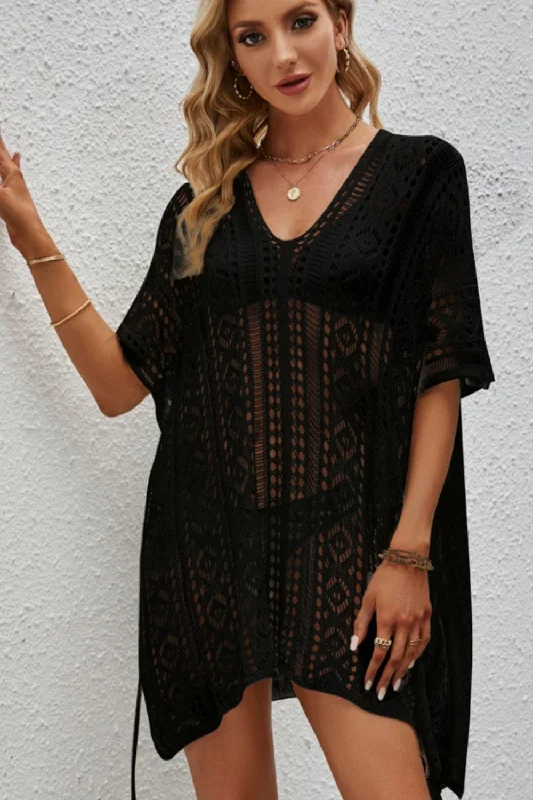 Sunset Vacation  Openwork V-Neck Short Sleeve Cover Up