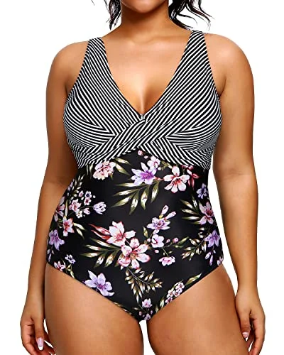 Plus Size One Piece Swimsuit For Women Tummy Control Slimming Swimwear-Stripes And Flowers Plus Size One Piece Swimsuit For Women Tummy Control Slimming Swimwear-Stripes And Flowers