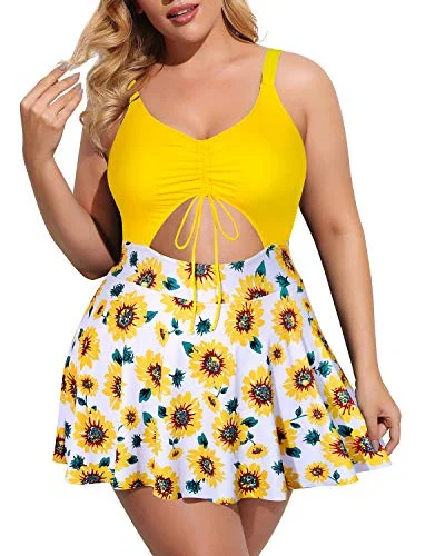 Plus Size Tie Front V Neck Swim Dress Push Up Padded Bra Bathing Suits-Yellow Floral Plus Size Tie Front V Neck Swim Dress Push Up Padded Bra Bathing Suits-Yellow Floral